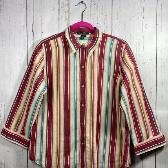 Lauren Ralph Lauren  Vintage Linen Cotton Blend Striped 3/4 Sleeve Button Down - Picture 7 of 14